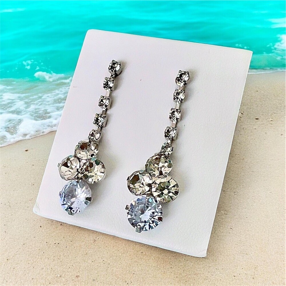 Vintage Rhinestone Drop Dangle Earrings Silver Tone Clear & Blue Bridal Glam